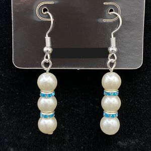 Faux Pearl Bead & Aqua Crystal Rondelle Earrings by Neanie-Bot